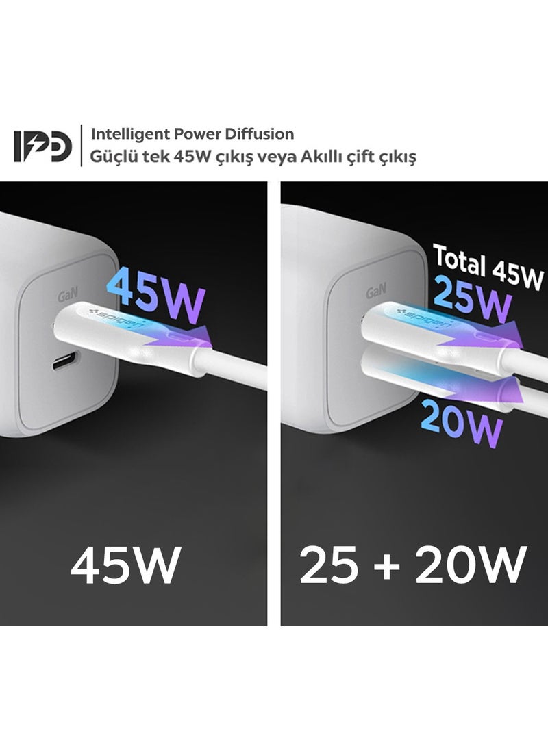 Spigen - 45W GaN USB-C 2 Port Mini Adapter - Samsung PPS 2.0 Supported Fast Charger for iPhone & Android & iPad & MacBook Type-C PE2105 White - ACH03717 - Image 1