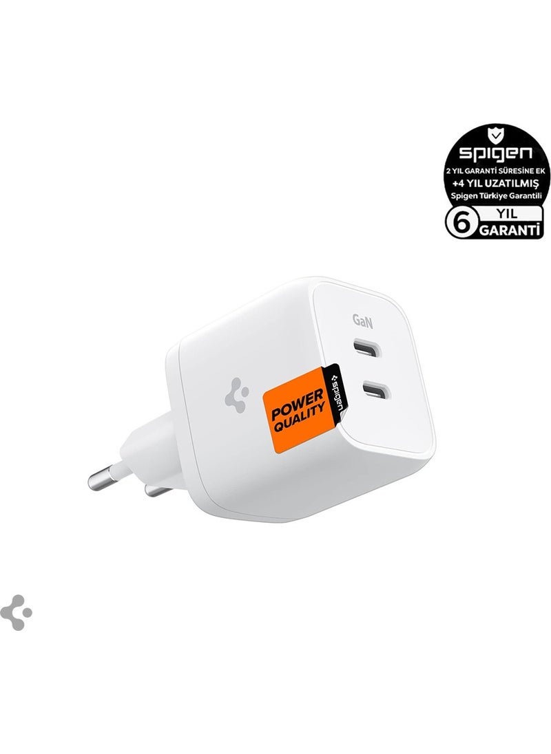Spigen - 45W GaN USB-C 2 Port Mini Adapter - Samsung PPS 2.0 Supported Fast Charger for iPhone & Android & iPad & MacBook Type-C PE2105 White - ACH03717 - Image 1