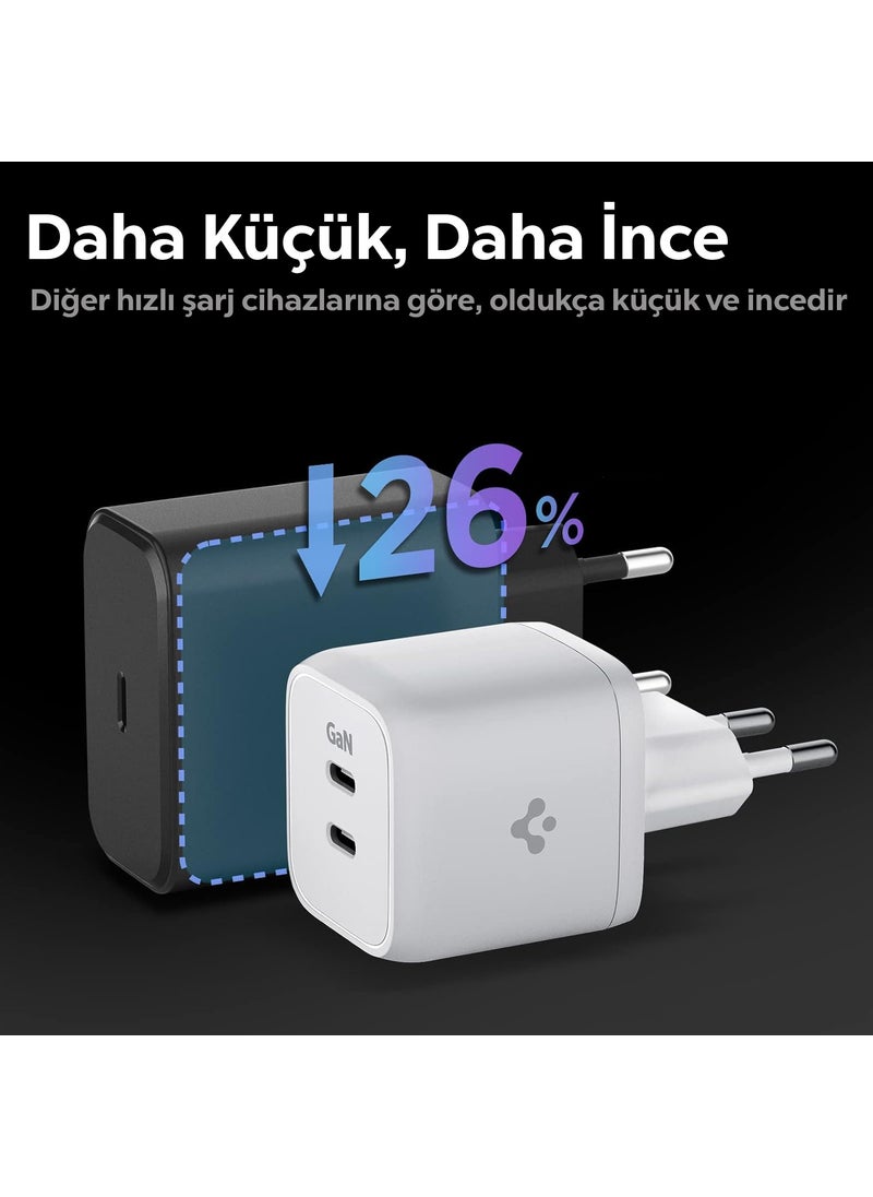 Spigen - 45W GaN USB-C 2 Port Mini Adapter - Samsung PPS 2.0 Supported Fast Charger for iPhone & Android & iPad & MacBook Type-C PE2105 White - ACH03717 - Image 1