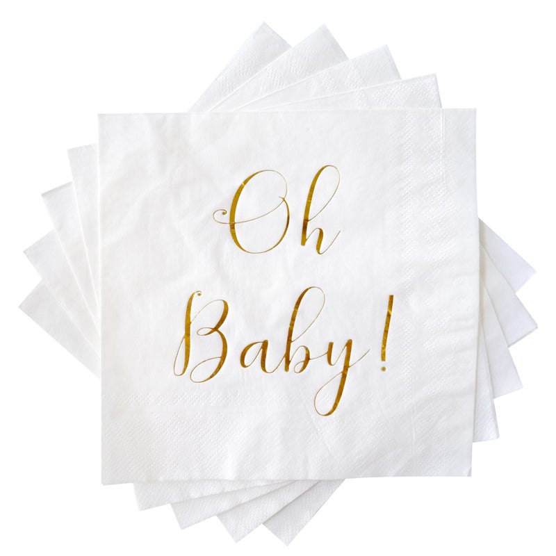 Baby Shower Napkins  50 Pack Disposable Paper Luncheon Cocktail Napkins with Foil Oh Baby Folded 65x65 for Gender Neutral Baby Shower Party White with Gold