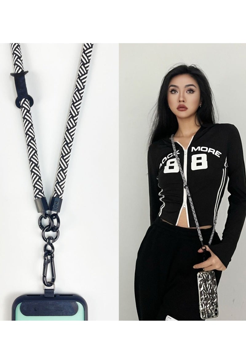 Generic - 120CM Cell Phone Lanyard, Adjustable Crossbody Cell Phone Strap with Additional Hook for Keychain, Wallet- Black/White, 10MM Thick - Image 1
