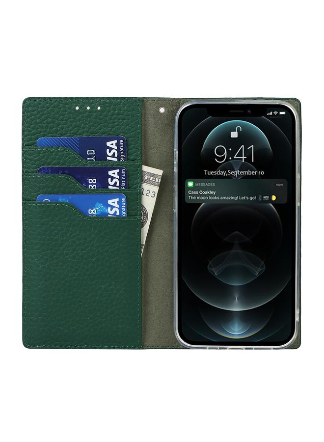 زبون جراب هاتف iPhone 13 Pro مصنوع من الجلد الأصلي بملمس الليتشي مع حبل وحامل وفتحات للبطاقات ومحفظة - Image 5