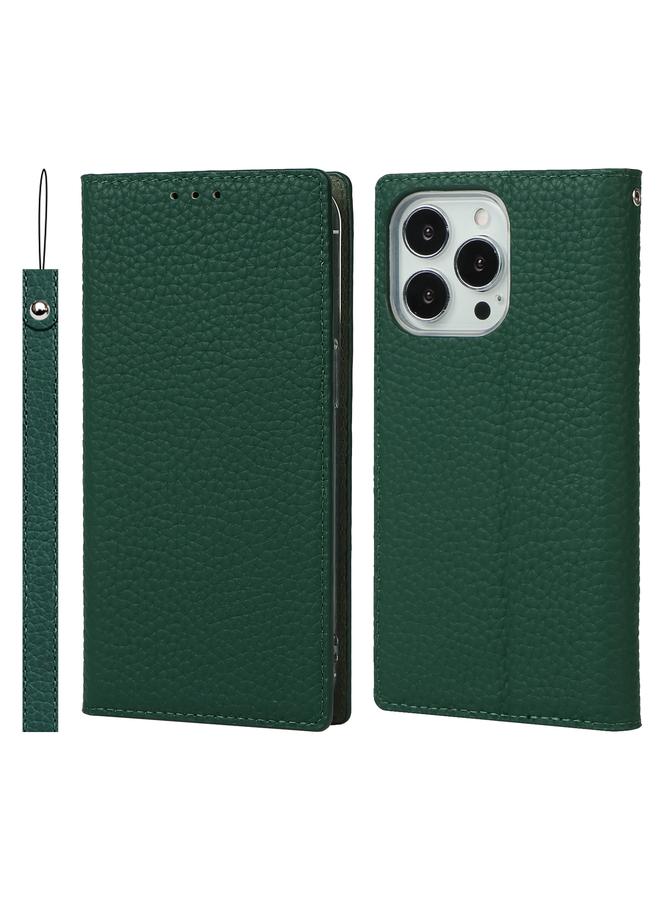 زبون جراب هاتف iPhone 13 Pro مصنوع من الجلد الأصلي بملمس الليتشي مع حبل وحامل وفتحات للبطاقات ومحفظة - Image 1