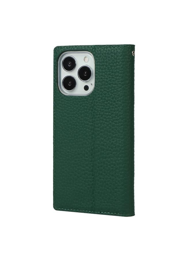 زبون جراب هاتف iPhone 13 Pro مصنوع من الجلد الأصلي بملمس الليتشي مع حبل وحامل وفتحات للبطاقات ومحفظة - Image 3