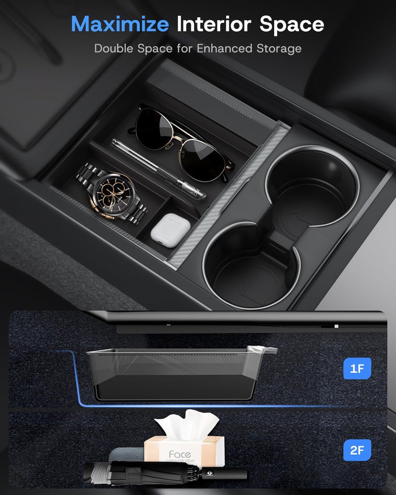 SUMK Center Console Organizer Tray for 2025 2026 Tesla Model Y Juniper (Premium & Performance) & All Model 3 Highland, Durable PC +Silent Silicone Liner Armrest Storage Box Wireless Charging Pad 4PCS - Image 3
