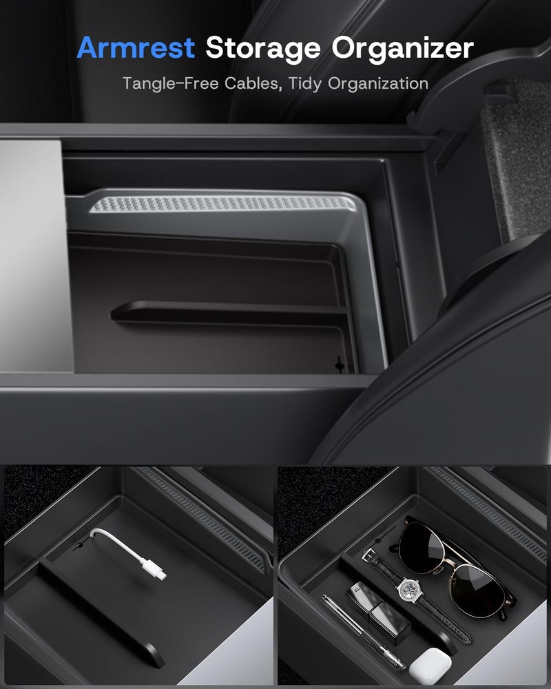 SUMK Center Console Organizer Tray for 2025 2026 Tesla Model Y Juniper (Premium & Performance) & All Model 3 Highland, Durable PC +Silent Silicone Liner Armrest Storage Box Wireless Charging Pad 4PCS - Image 4