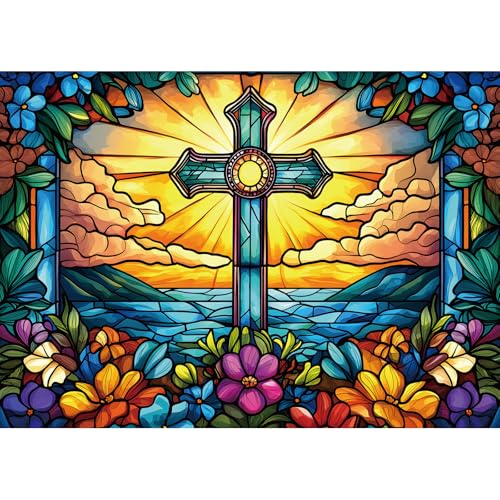 MINIWAN Stained Glass Floral Christian Cross Puzzles for Adults 1000 Pieces Colorful Sunburst Ocean Cross Jigsaw Puzzle Religious Gift for Christian Believers 275x197 Inch - Image 1