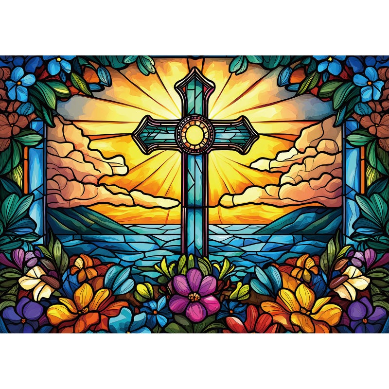 MINIWAN Stained Glass Floral Christian Cross Puzzles for Adults 1000 Pieces Colorful Sunburst Ocean Cross Jigsaw Puzzle Religious Gift for Christian Believers 275x197 Inch - Image 3