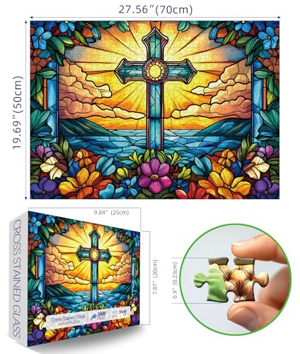 MINIWAN Stained Glass Floral Christian Cross Puzzles for Adults 1000 Pieces Colorful Sunburst Ocean Cross Jigsaw Puzzle Religious Gift for Christian Believers 275x197 Inch - Image 5