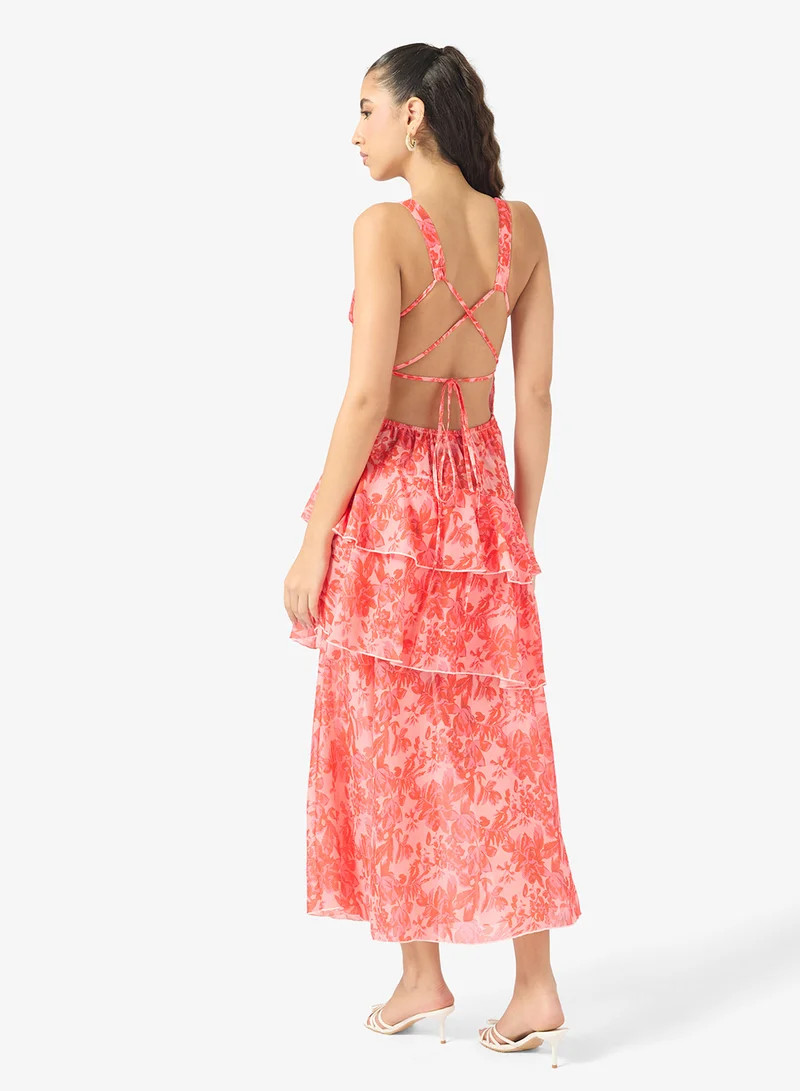 Ginger Plunge Neck Floral Ruffle Detail Dress