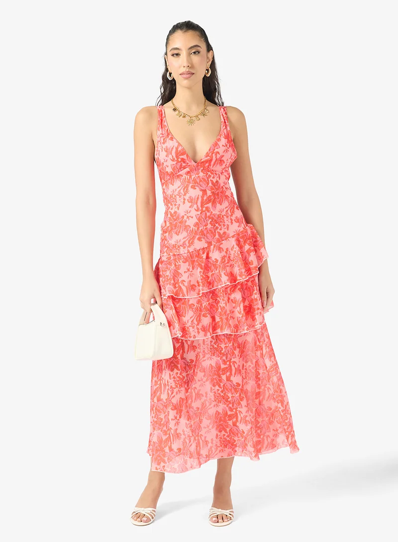 Ginger  Plunge Neck Floral Ruffle Detail Dress for Women | Best Price UAE