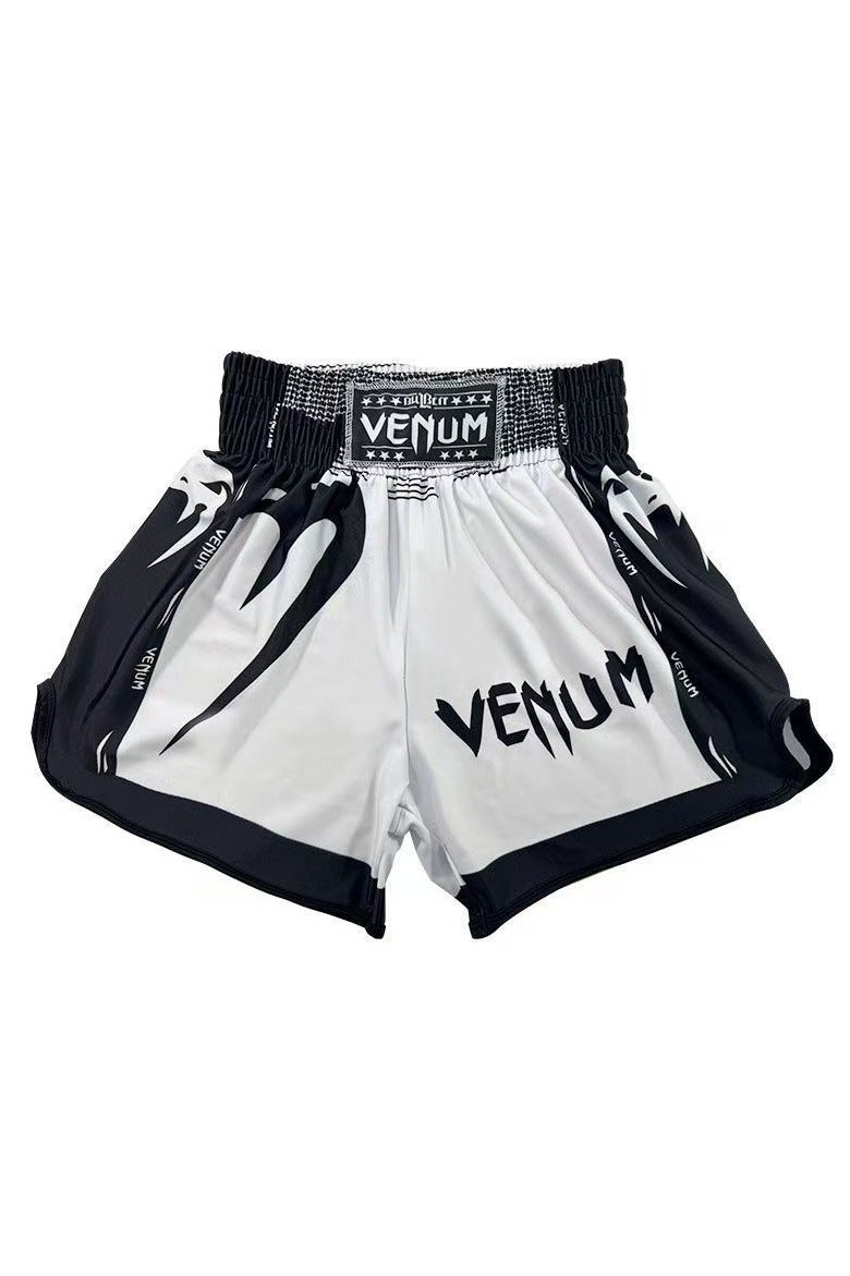 Venum Kids' Elite Boxing Shorts (Age 10) | Black/White Competition Style | High-Stretch Breathable Groin Protection Compatible | Reinforced Stitching Sizes: 160 - Image 1