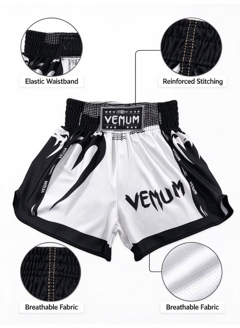 فينوم Venum Kids Elite Boxing Shorts | أسود وأبيض أسلوب المنافسة  عالية التمدد والقدرة على التنفس ، متوافقة مع حراس الفخذ  خياطة معززة حجم: 160 م - Image 4