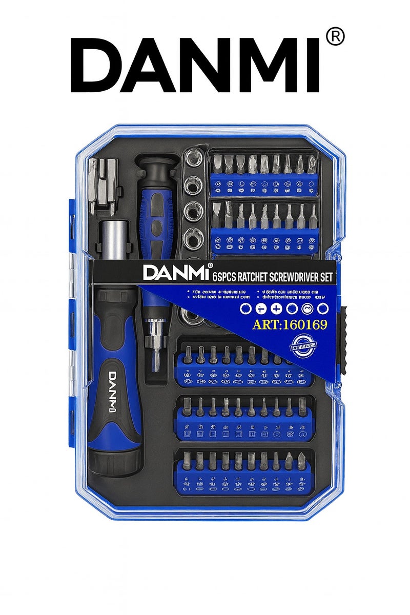 دانمي مجموعة مفكات راتشيت احترافية 69 قطعة من دانمي – مقابض مريحة، رؤوس ممغنطة، فولاذ كروم فاناديوم متين – رقم الموديل ART:160169 - Image 1