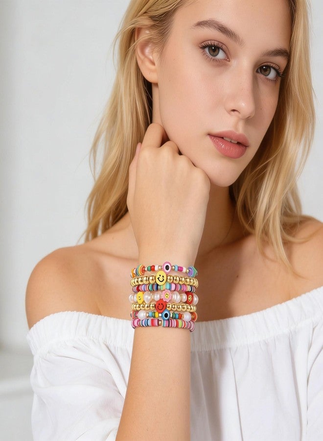 BVGA Beaded Stretch Bracelets for Women Rainbow Heishi Bracelet Set Colorful Clay Flower Evil Eye Gold-tone Beads Bracelet Summer Beach Bracelets Jewelry - Image 2