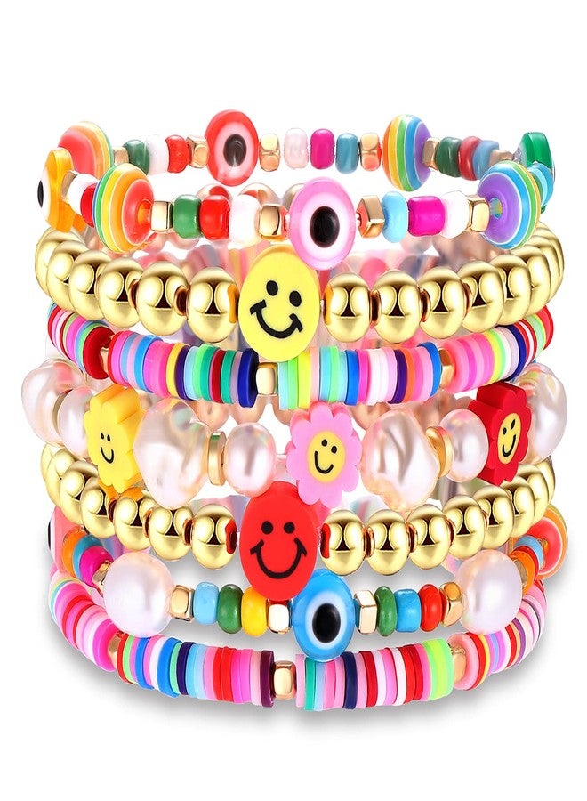 BVGA Beaded Stretch Bracelets for Women Rainbow Heishi Bracelet Set Colorful Clay Flower Evil Eye Gold-tone Beads Bracelet Summer Beach Bracelets Jewelry - Image 1