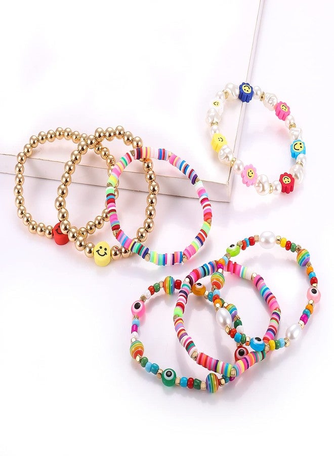 BVGA Beaded Stretch Bracelets for Women Rainbow Heishi Bracelet Set Colorful Clay Flower Evil Eye Gold-tone Beads Bracelet Summer Beach Bracelets Jewelry - Image 5