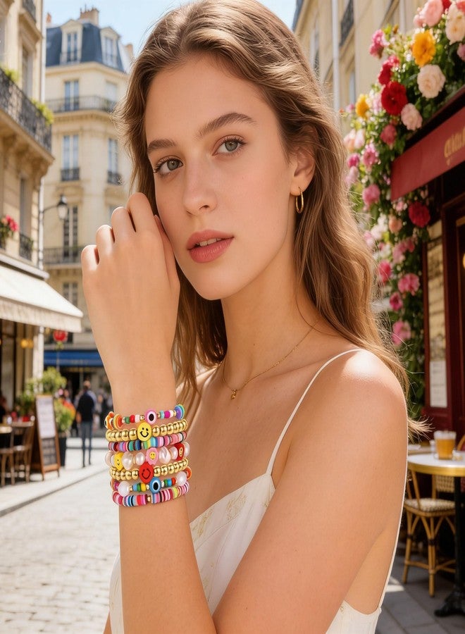 BVGA Beaded Stretch Bracelets for Women Rainbow Heishi Bracelet Set Colorful Clay Flower Evil Eye Gold-tone Beads Bracelet Summer Beach Bracelets Jewelry - Image 4