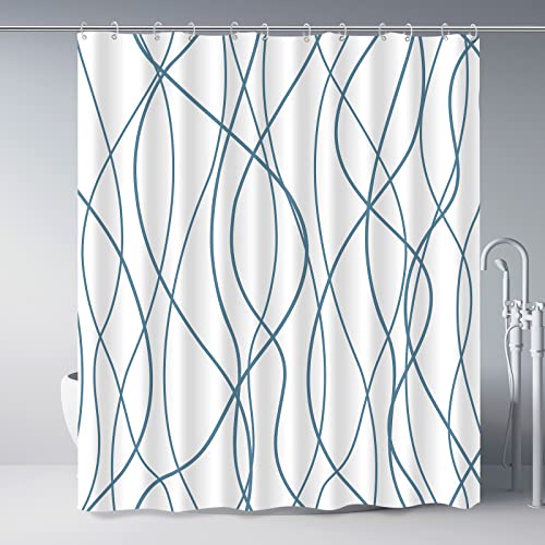Punkray Lake Blue Shower Curtain for Bathroom with Hooks Extra Long Shower Curtain Set Stripe Bath Curtains Decor White Shower Curtains Weighted Hem Water Repellent Washable 72x72