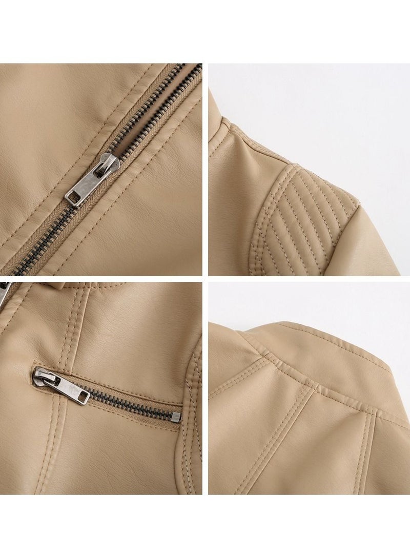 Loquat Women's Short Leather Clothing, Thin Motorcycle Clothing Beige  - Image 3