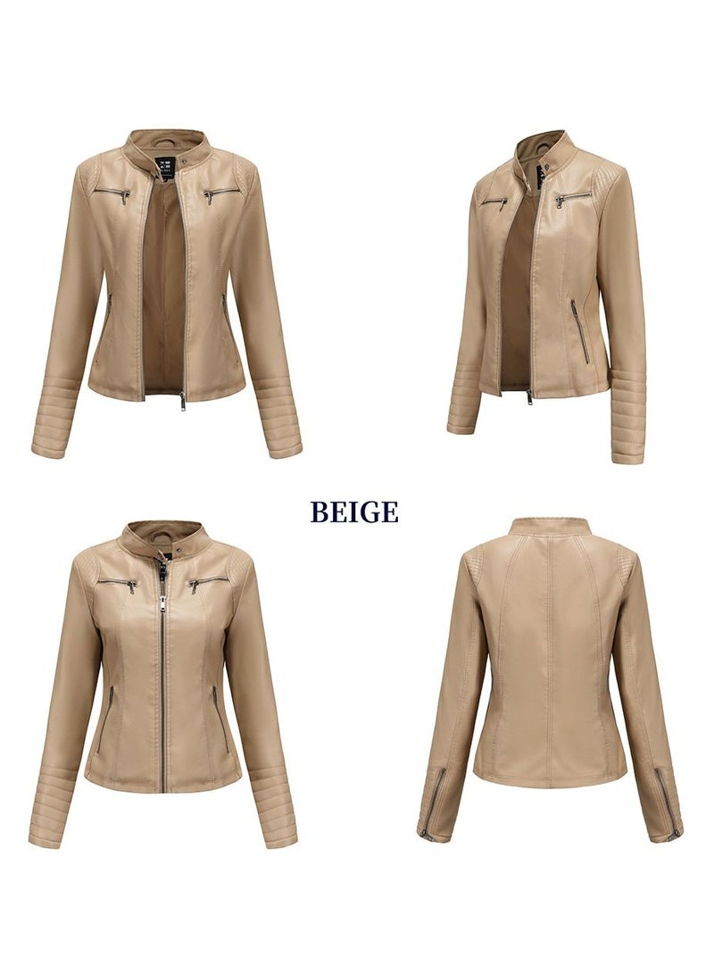 Loquat Women's Short Leather Clothing, Thin Motorcycle Clothing Beige  - Image 2