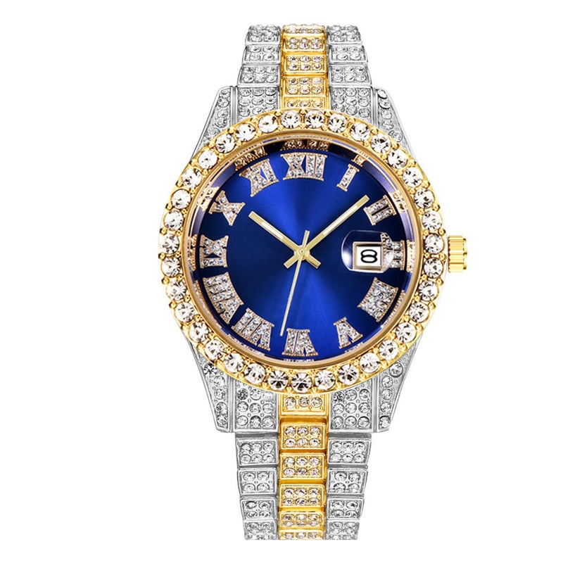 CdyBox Men Hip Hop Watch with Roman Scale Calendar Crystal Rhinestone Watches Stainless Steel Iced-Out Wrist Watch (Blue) - Image 5