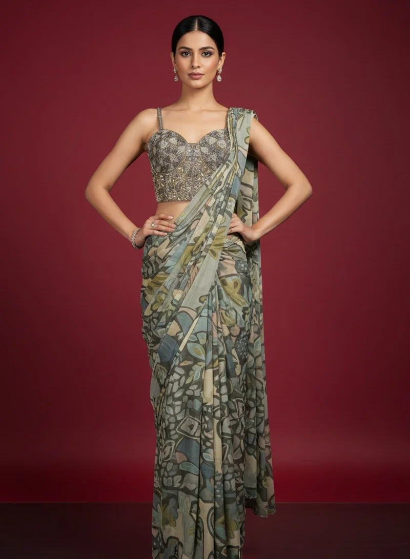 Lehar Olive & Slate Abstract Floral Printed Saree with Hand-Embellished Sequin Bustier
