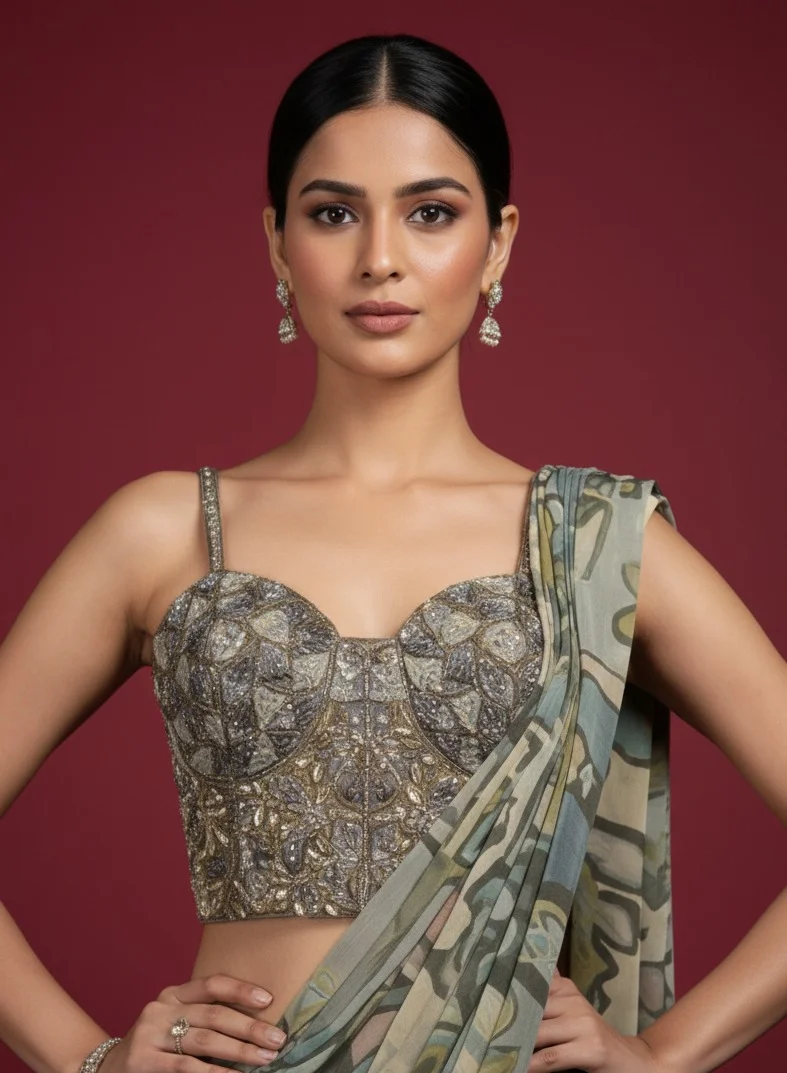 Lehar Olive & Slate Abstract Floral Printed Saree with Hand-Embellished Sequin Bustier