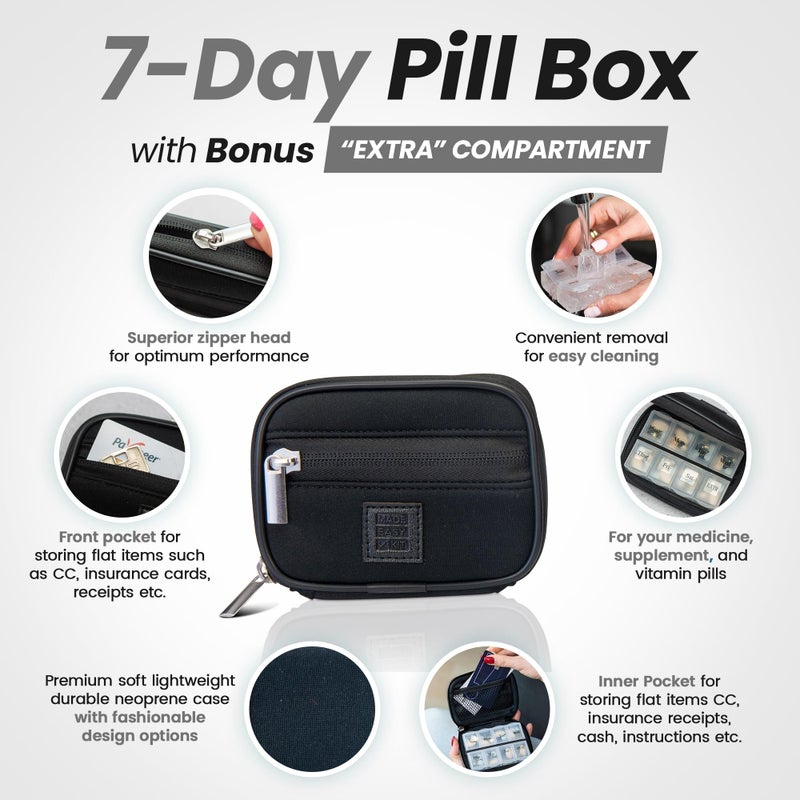 Made Easy Kit Pill Case - Weekly Medicine Organizer with Removable Seven-Day Vitamin & Supplement Box - Premium Neoprene for Travel Purse Accessory (Black) - Image 3