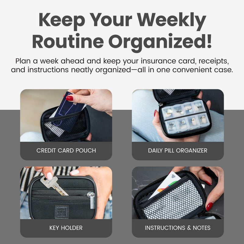 Made Easy Kit Pill Case - Weekly Medicine Organizer with Removable Seven-Day Vitamin & Supplement Box - Premium Neoprene for Travel Purse Accessory (Black) - Image 5