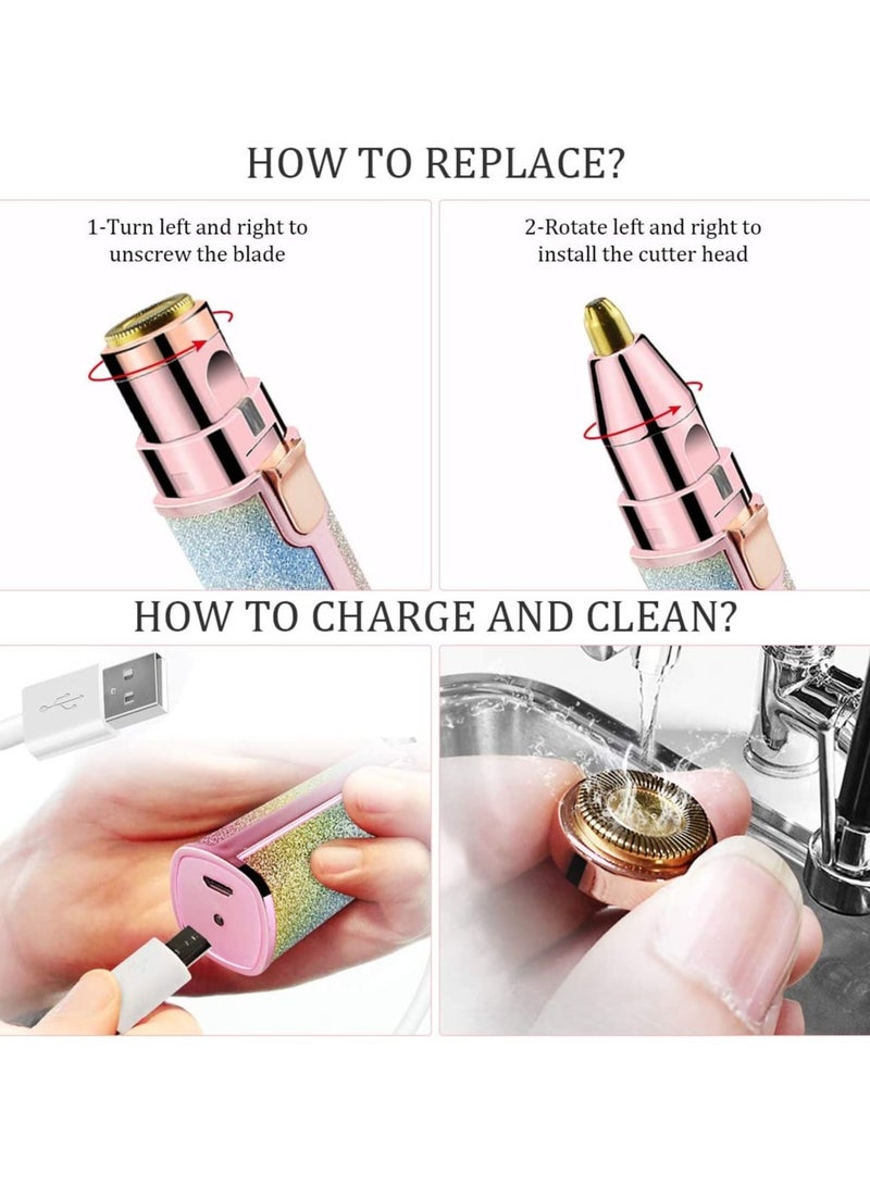 2 in 1 Eyebrow Trimmer  Facial Hair Remover for Women, Rechargeable Eyebrow Razor and Painless Hair Removal, Hair Trimmer and Body Shaver for Lips Nose Face with Two Replacement Heads  LED Light - Image 4