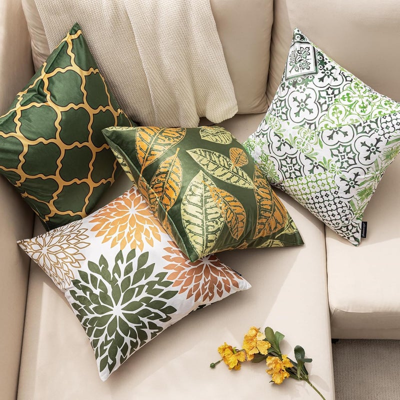 Phantoscope Set of 4 New Living Series Leaf Geometric Throw Decorative Velvet Pillow Cover Cushion Cover, Dark Yellow and Green 12 x 20 inches 30 x 50 cm - Image 4