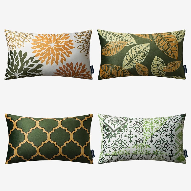 Phantoscope Set of 4 New Living Series Leaf Geometric Throw Decorative Velvet Pillow Cover Cushion Cover, Dark Yellow and Green 12 x 20 inches 30 x 50 cm - Image 1