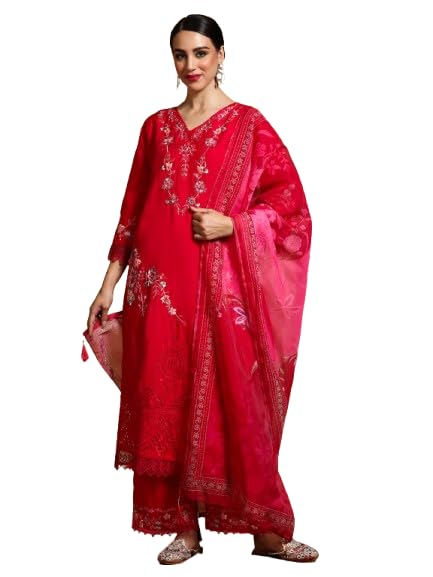 Varanga Women Floral Heavy Thread Embroidered Schffili Hem Kurta With Trouser & Dupatta-Celebrate Diwali & Chhath Pooja - Image 1