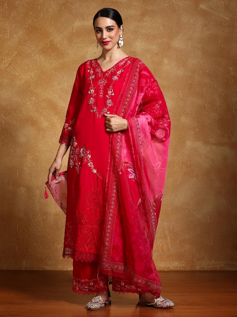 Varanga Women Floral Heavy Thread Embroidered Schffili Hem Kurta With Trouser & Dupatta-Celebrate Diwali & Chhath Pooja - Image 2