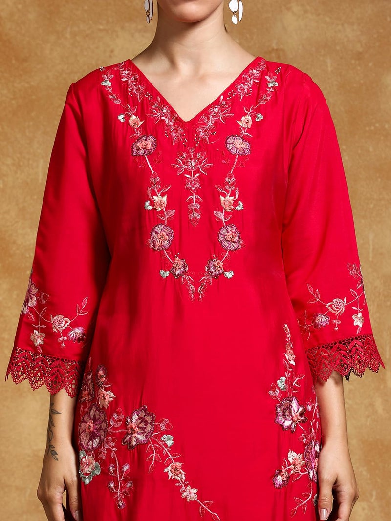 Varanga Women Floral Heavy Thread Embroidered Schffili Hem Kurta With Trouser & Dupatta-Celebrate Diwali & Chhath Pooja - Image 5