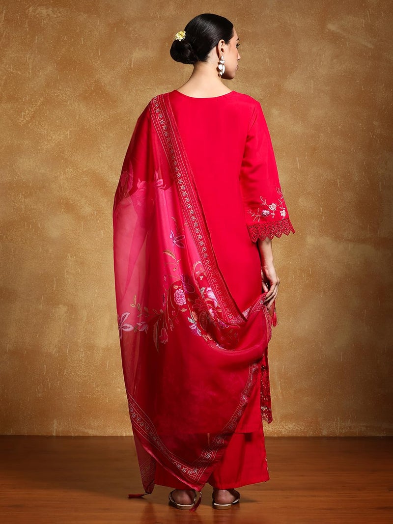 Varanga Women Floral Heavy Thread Embroidered Schffili Hem Kurta With Trouser & Dupatta-Celebrate Diwali & Chhath Pooja - Image 4
