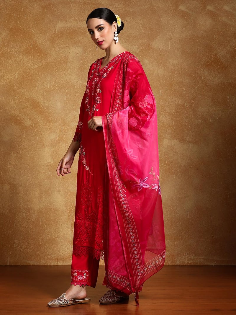 Varanga Women Floral Heavy Thread Embroidered Schffili Hem Kurta With Trouser & Dupatta-Celebrate Diwali & Chhath Pooja - Image 3