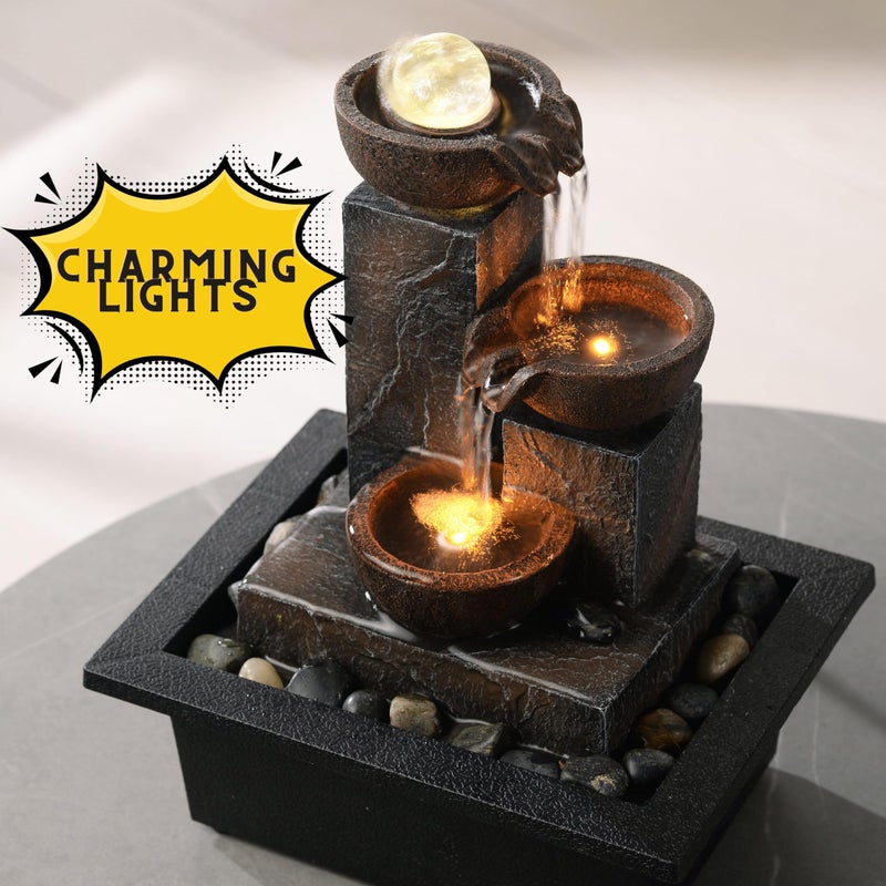 Tolevoit Three Bowls with Rotating Ball Flowing Tabletop Fountain Home DÃ©cor Indoor/Outdoor Decor Waterfall Sound Zen Mini Fountain Warm Led Light Pebbles Stone(23114) - Image 2