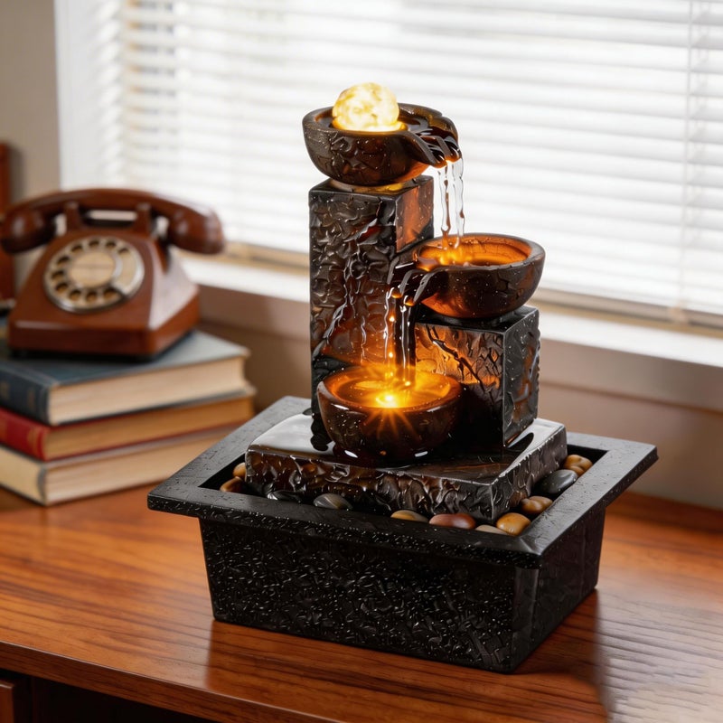 Tolevoit Three Bowls with Rotating Ball Flowing Tabletop Fountain Home DÃ©cor Indoor/Outdoor Decor Waterfall Sound Zen Mini Fountain Warm Led Light Pebbles Stone(23114) - Image 1