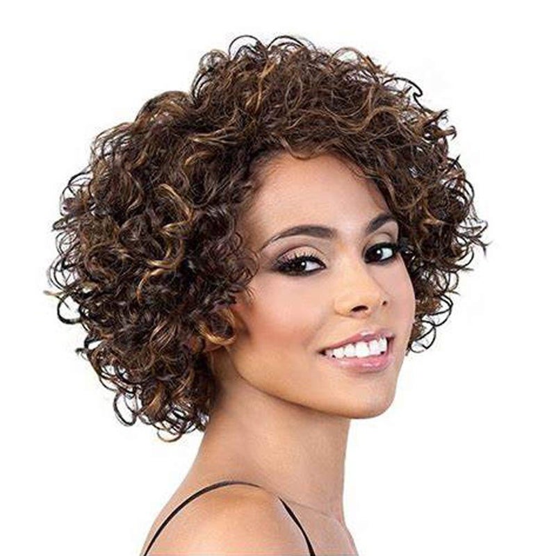 UDU Short Curly Human Hair Wigs For Black Women with Bangs Highlighted Brown Mixed Color Non Lace Glueless Piano Colored Side Part P 430