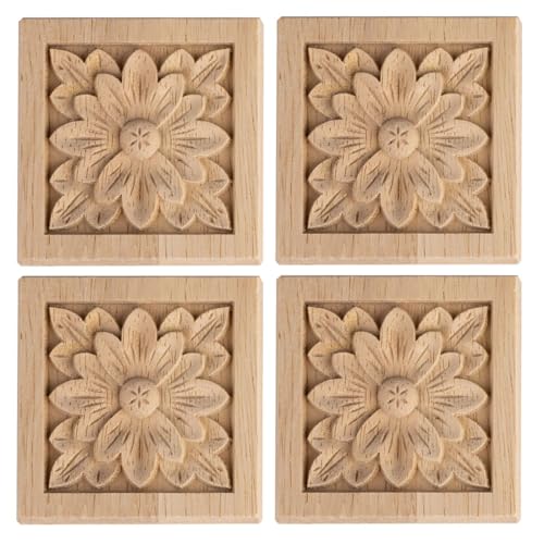 Aiminjey 10 Pcs Decorative Wood Flower Carved Appliques Onlays, 2.4 x 2.4inch Unpainted Solid Wood Square Carving Decal for Furniture Cabinet Closet Decoration (2.4inch-10pcs) - Image 1