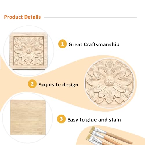 Aiminjey 10 Pcs Decorative Wood Flower Carved Appliques Onlays, 2.4 x 2.4inch Unpainted Solid Wood Square Carving Decal for Furniture Cabinet Closet Decoration (2.4inch-10pcs) - Image 2