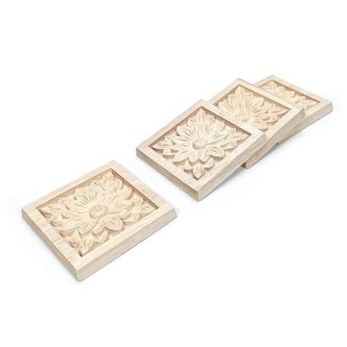 Aiminjey 10 Pcs Decorative Wood Flower Carved Appliques Onlays, 2.4 x 2.4inch Unpainted Solid Wood Square Carving Decal for Furniture Cabinet Closet Decoration (2.4inch-10pcs) - Image 4