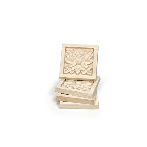 Aiminjey 10 Pcs Decorative Wood Flower Carved Appliques Onlays, 2.4 x 2.4inch Unpainted Solid Wood Square Carving Decal for Furniture Cabinet Closet Decoration (2.4inch-10pcs) - Image 5