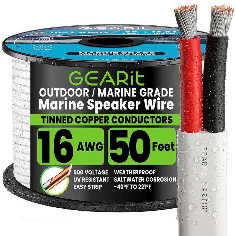GearIT 16/2 Marine Wire (50 Feet) 16AWG Gauge - Tinned OFC Copper/Marine Grade Speaker Cable/Duplex / 2 Conductors - OFC Oxygen-Free Copper, White 50ft - Image 1
