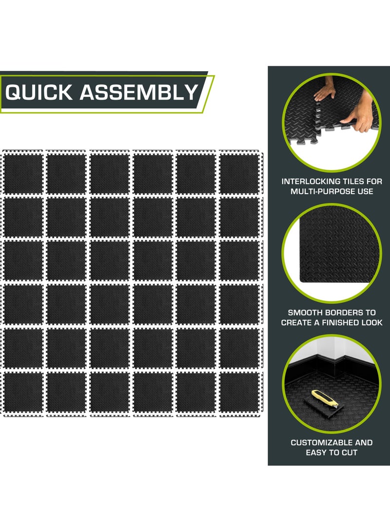 XiuWoo EVA Foam Puzzle Exercise Mat 30x30x1.2cm (12"x12"x0.5") - Non-Toxic Interlocking Floor Tiles for Home Gym/Yoga/Kids Playroom, Anti-Slip Foam Padding with Shock Absorption, Black (6 Tiles)  - Image 5