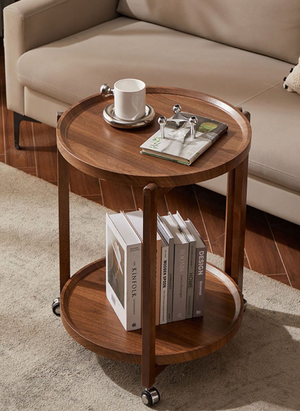 Sharpdo 2-Tier Round Side Table Coffee Table Side Table, 360° Rotation, Side Table with Open Storage Space, Suitable for Living Room, Bedroom 