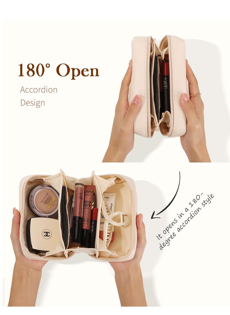 Spacious Waterproof PU Leather Travel Makeup Bag for Women, Portable Flat Toiletry Organizer and Cosmetic Pouch - Image 2