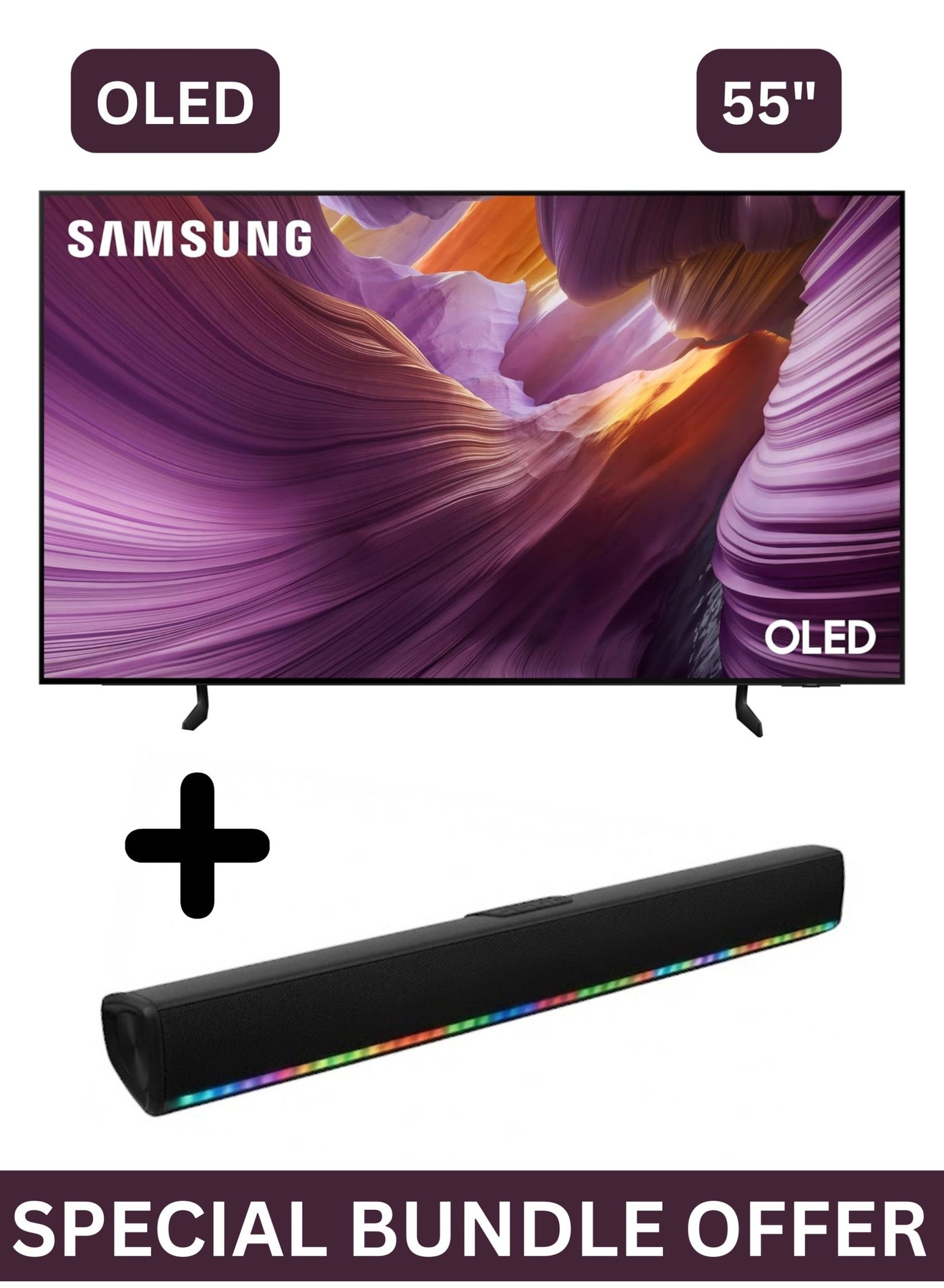 Samsung 55 Inch OLED S85F 4K HDR, Samsung Vision AI Smart TV (2025 - UAE Version) + 2.0 Channel Portable Soundbar With Built In Battery & LED Lights | Tizen Smart TV - Anti Reflection, 100Hz, HDR 10+, Dolby Atmos, 360 Audio, HDMI x4, USB x2 -